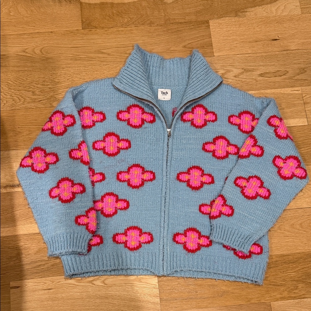 TACH Blue Knit Zip Up with Pink Accents